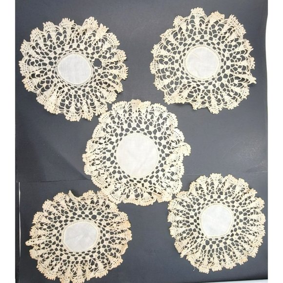 Round Doillies Set of 5 Handmade Cream Vintage Textiles Decor Cr151 - Picture 7 of 7